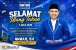 Keluarga besar Media Online CNW Banten.id turut menyampaikan ucapan Selamat Ulang Tahun kepada Anhar, S.H., Kabakomstra DPC Partai Demokrat Kabupaten Tangerang